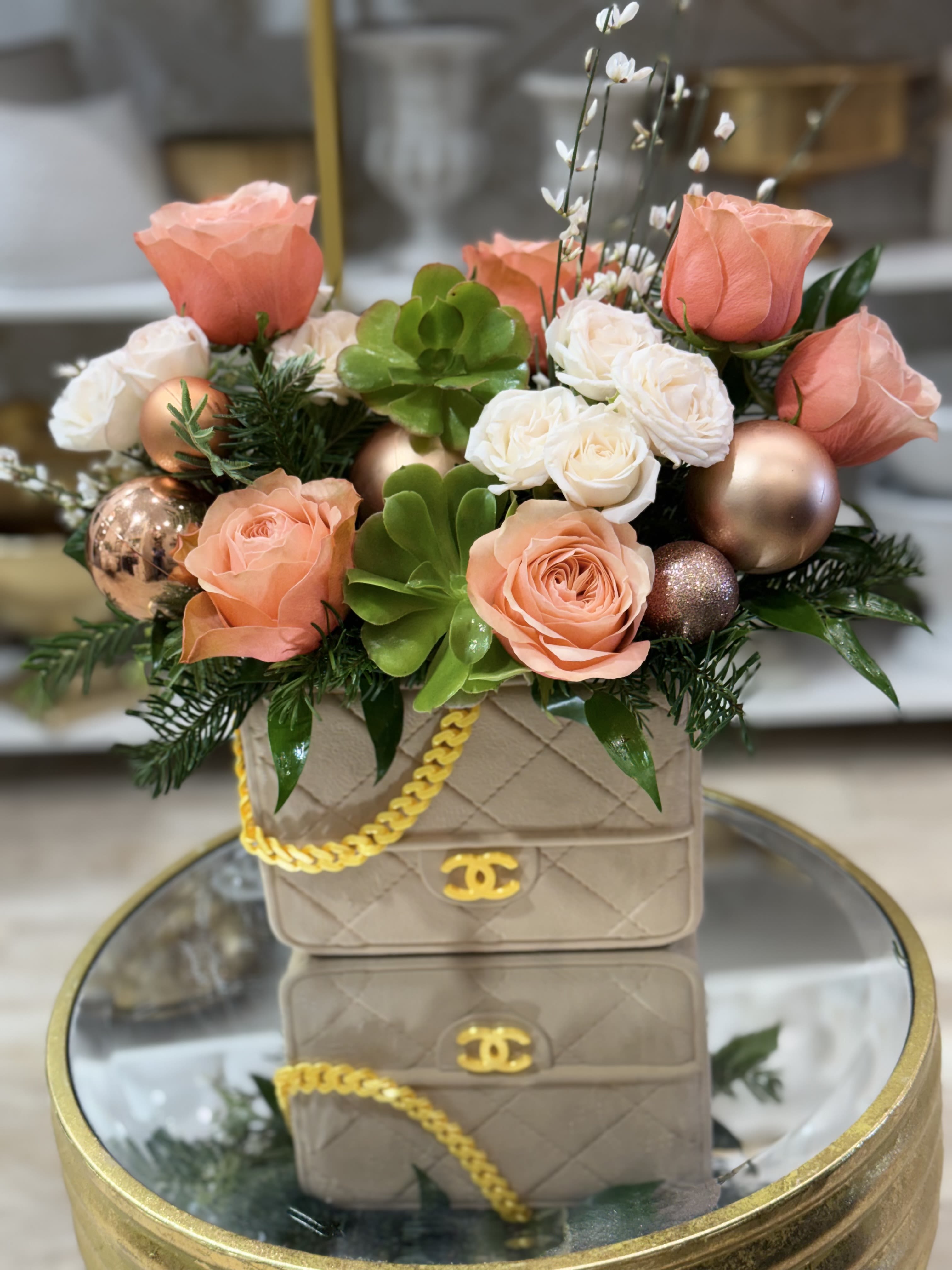 Holiday blooms in designer vase  - Gorgeous holiday arrangement in designer purse vase 