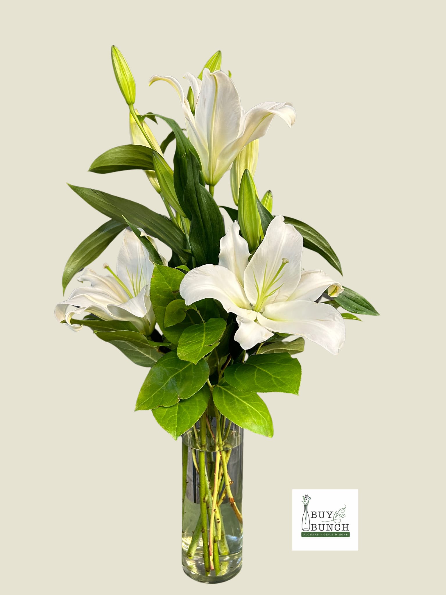 Lily Love - White Oriential Lilies designed in a cylinder vase with assisted greens. 
