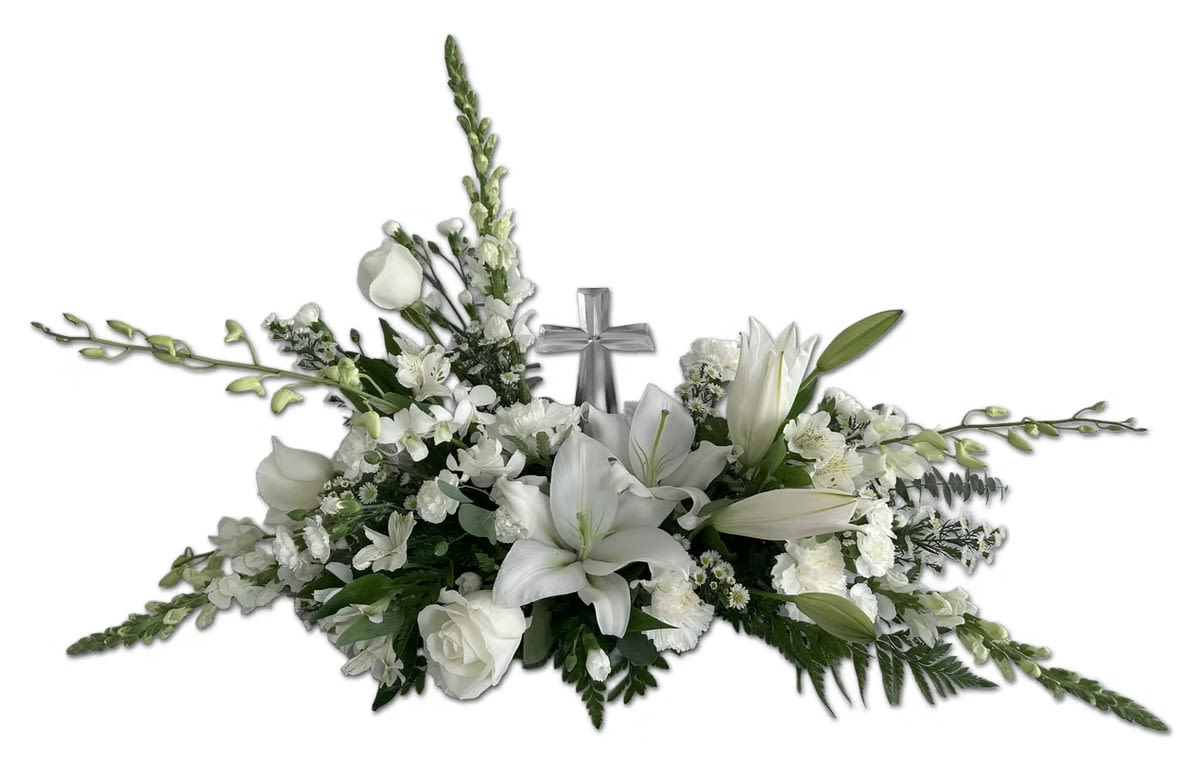 Crystal Cross Memorial Arrangement - Flowers and containers are subject to substitution and availability. Image shown is Premium.