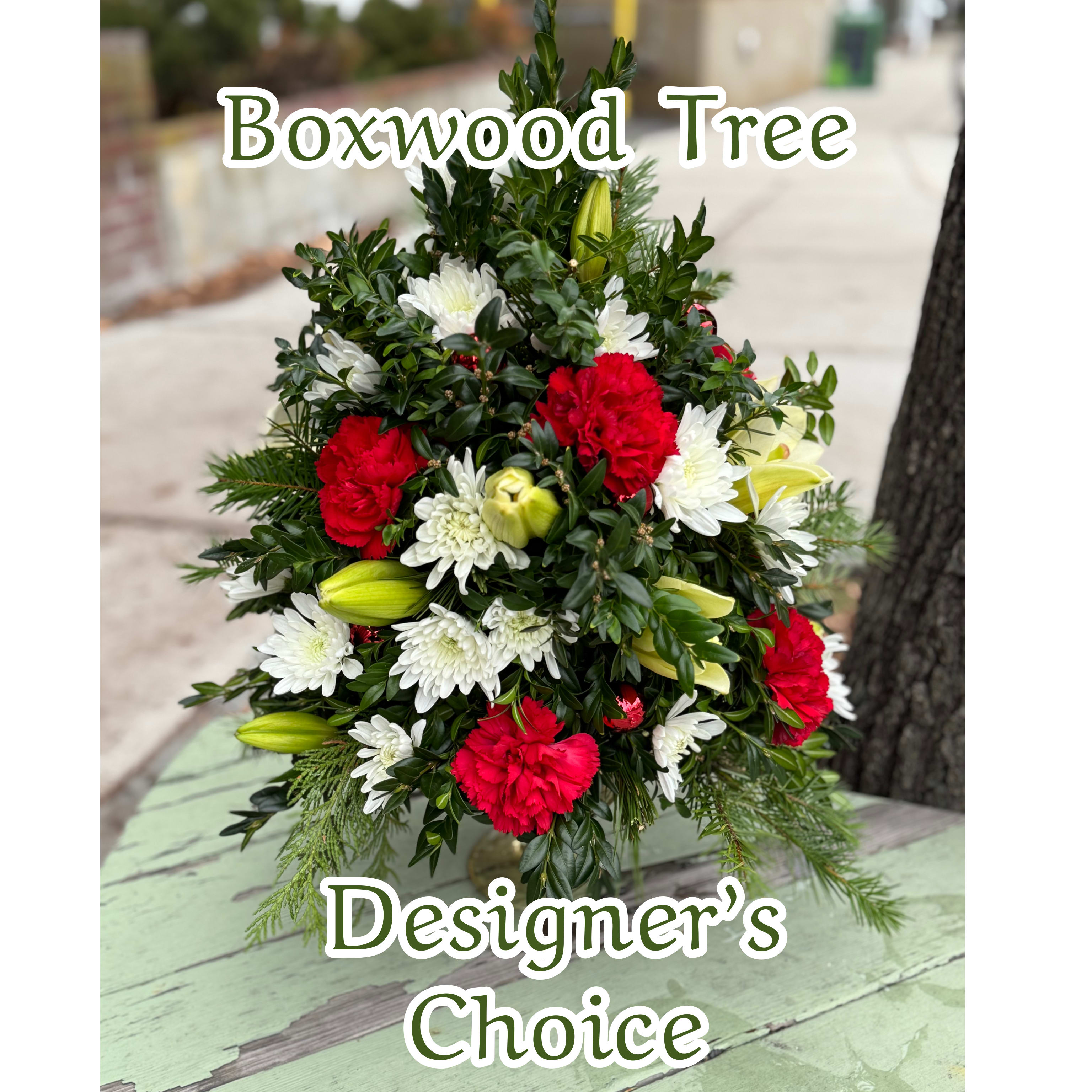 Designers Choice Boxwood Tree (local only)  - Our designers hand craft a boxwood tree from scratch and then decorate it with an assortment of holiday items to create a one of a kind piece. 