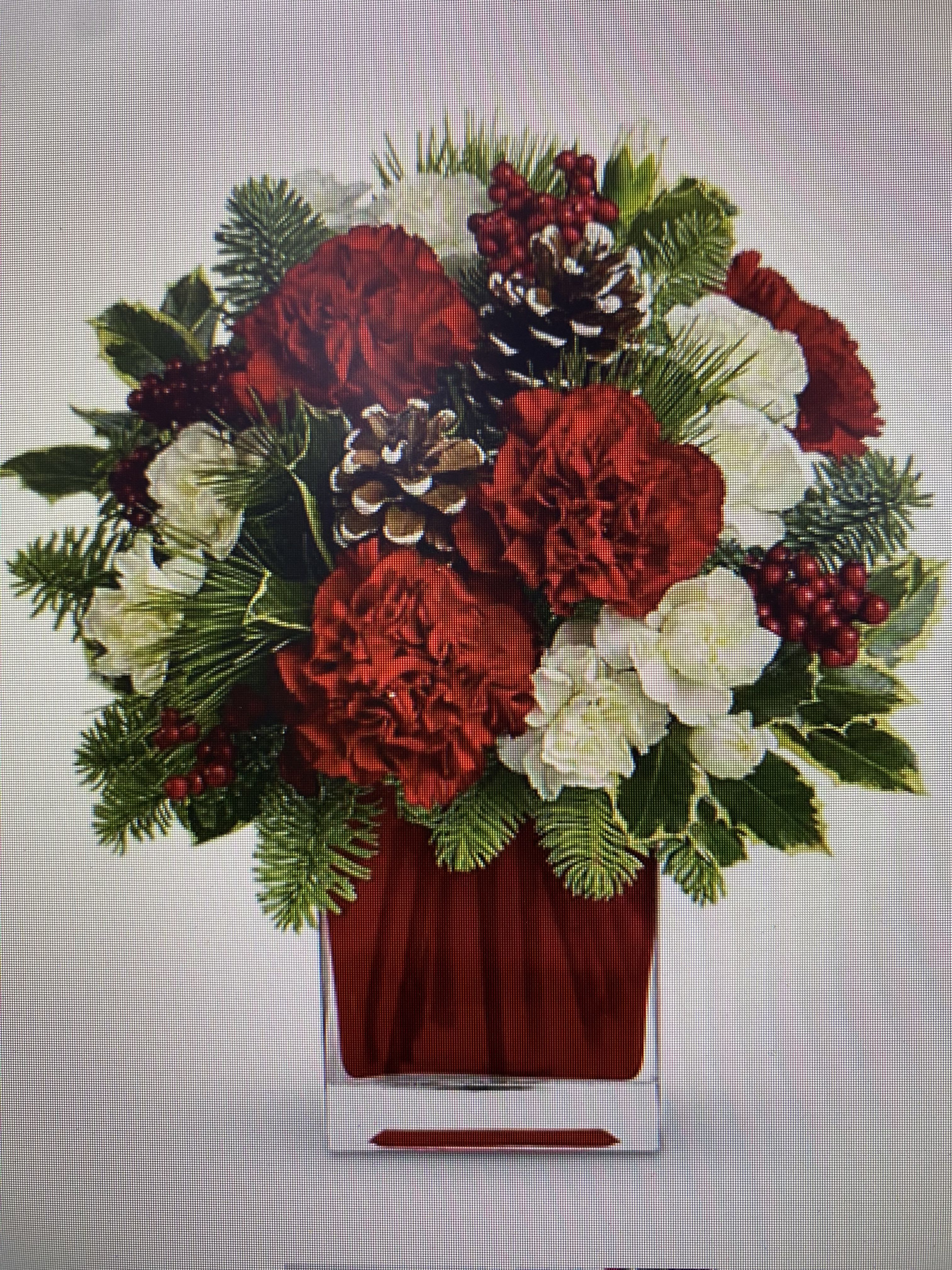 Christmas Sparkle - rd, white, and green with pine cones in glass cube