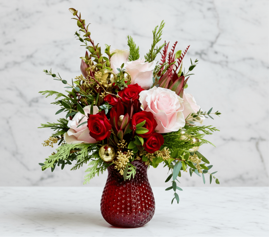 Vintage Noel - 3 Available  - Vintage Holiday Florals in deep red vase. 