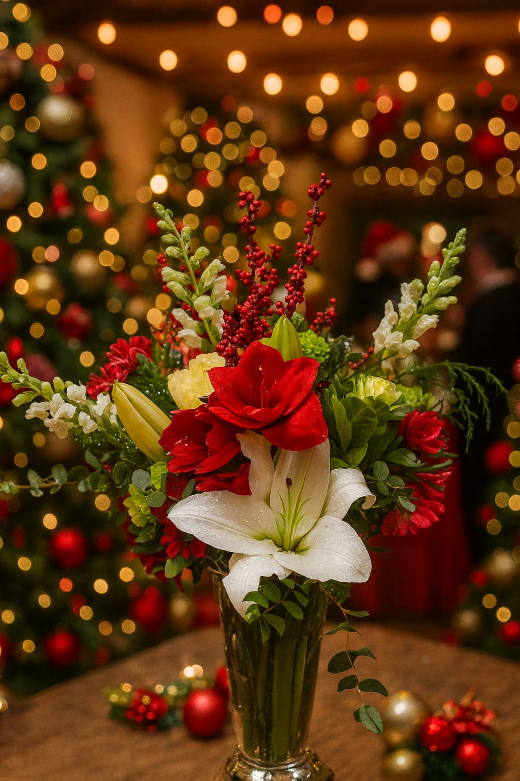 Holiday Glow Bouquet - Designed in a clear glass vase, this arrangement brings warmth and magic to any space, perfect for holiday gatherings, heartfelt gifts, or adding festive beauty to your home.