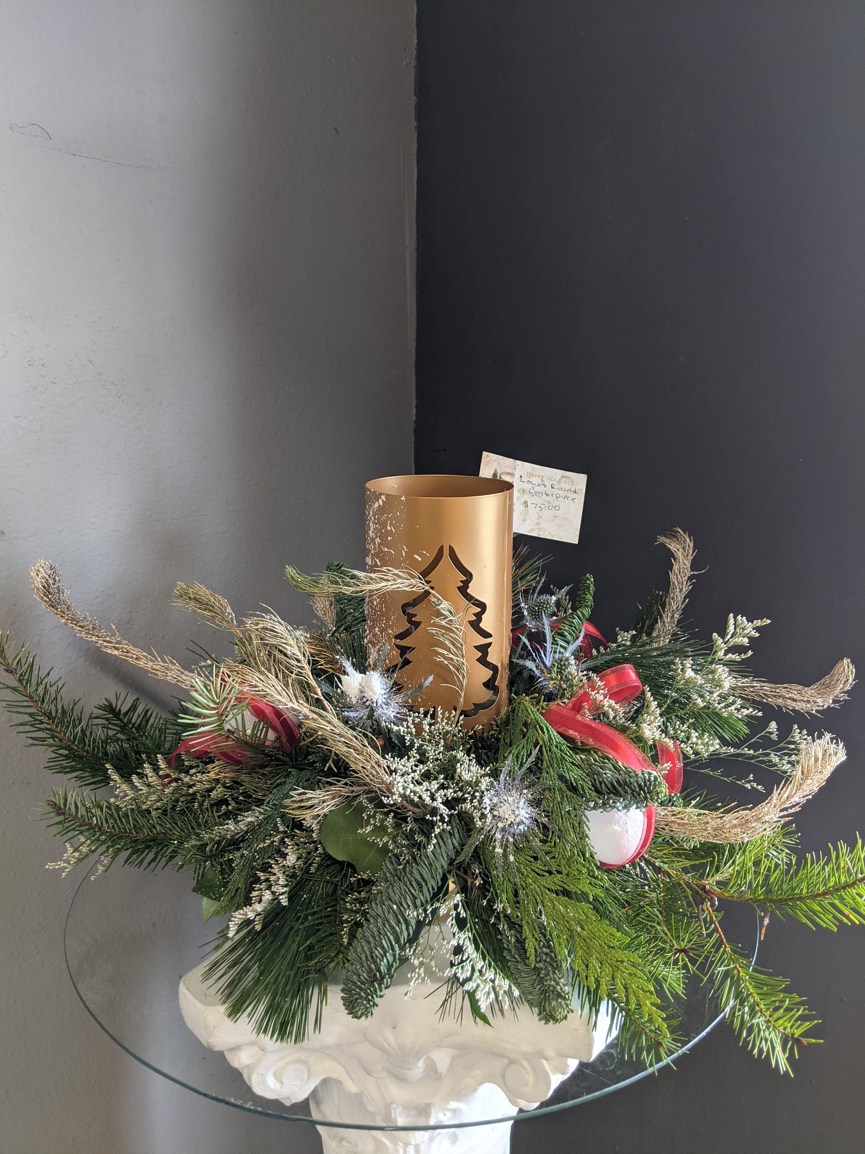 Lighted Tree Centerpiece  - Festive all holiday green table centerpiece with. No flower so this beauty is long lasting. This centerpiece is decorated with holiday gold embellishments and a cute tree hurricane tea light candle. Perfect for any holiday table.  If you would like to add flowers, please use the &quot;Add More&quot; options and we will be happy to jazz it up! 