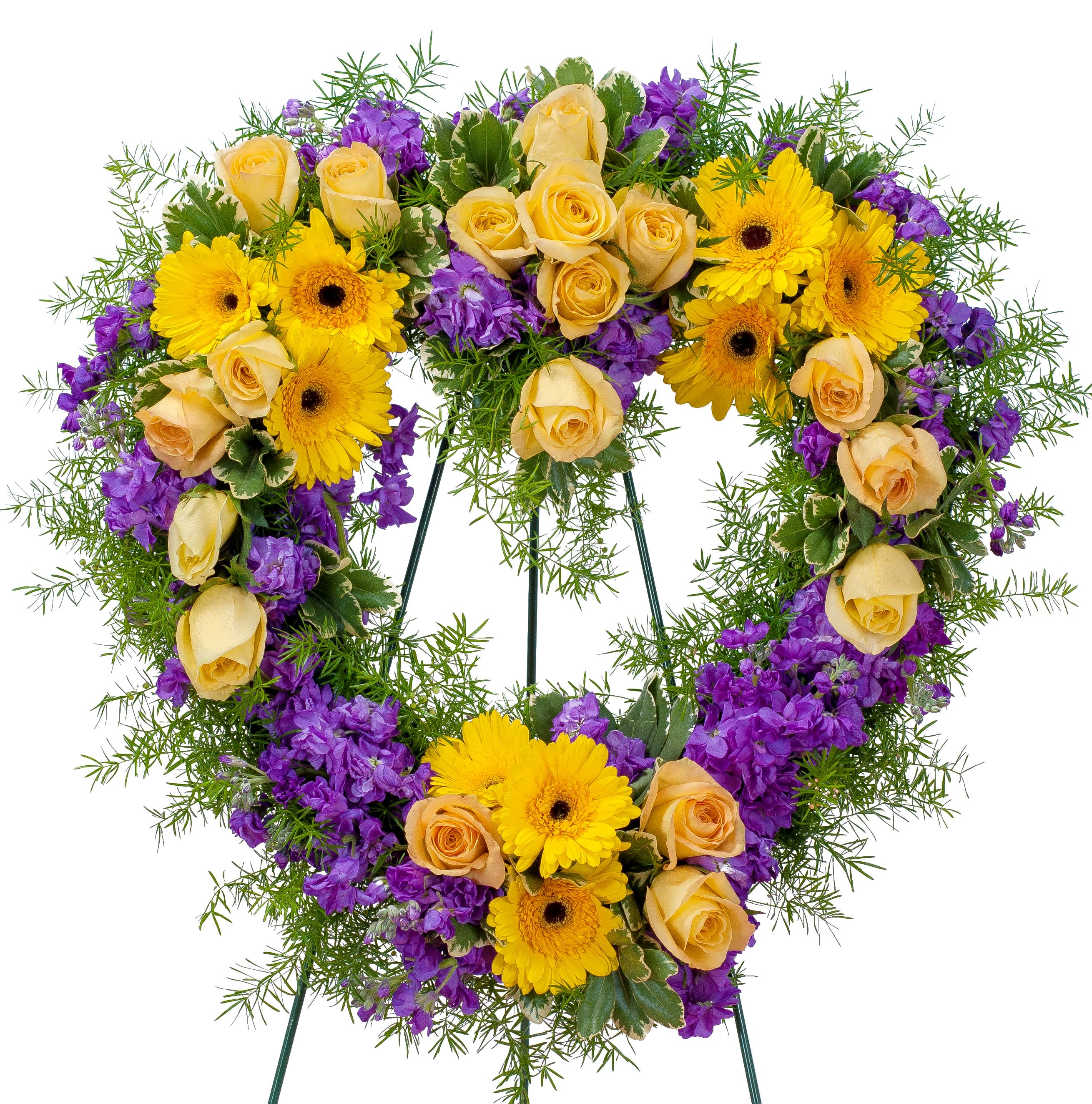 Heart with bright purple and yellow seasonal flowers - Bright yellow and purple flowers in a heart comes with an easel