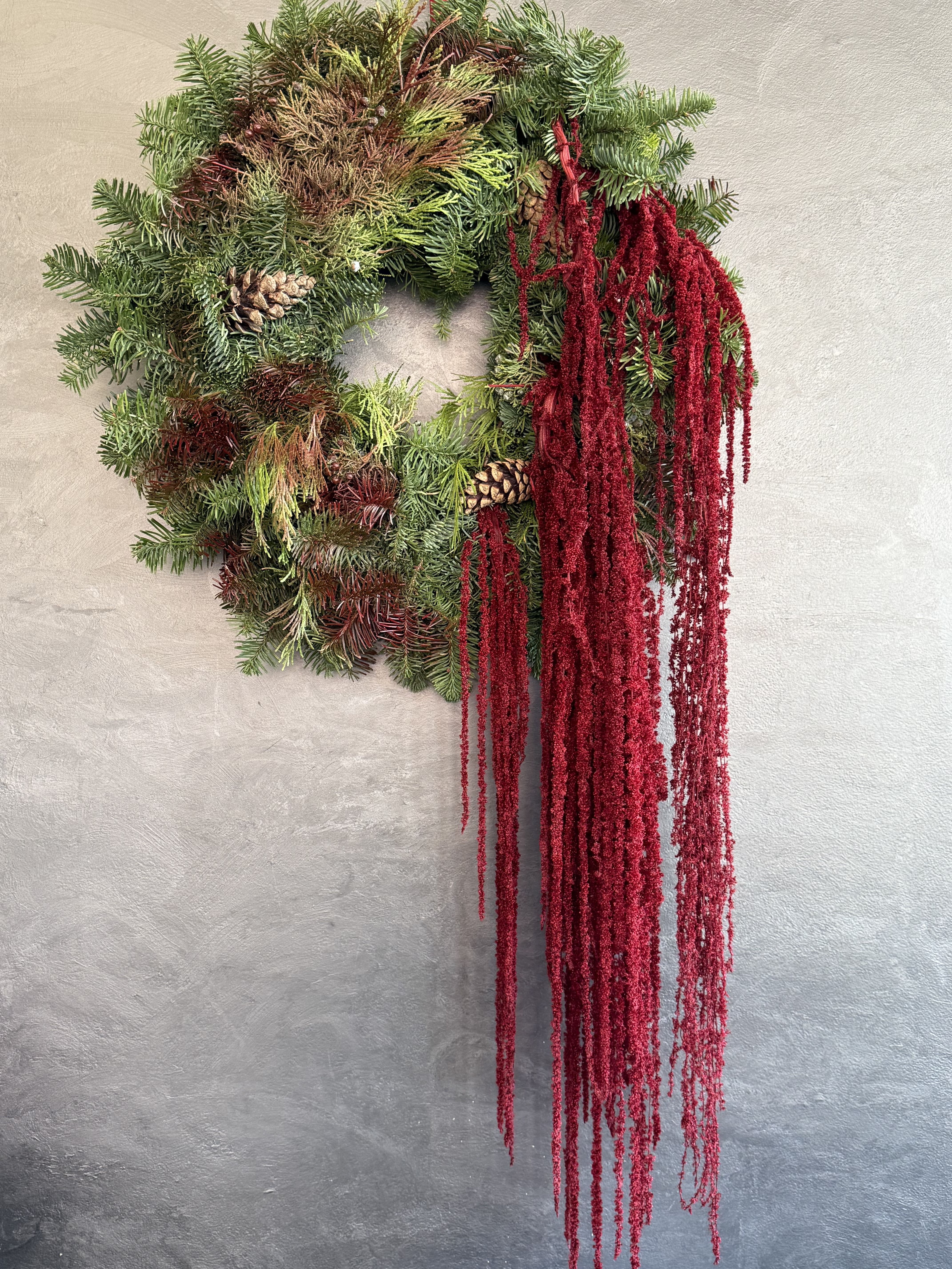 Christmas wreath &amp; amaranthus -  “Classic Christmas wreath with rich greenery, pinecones, and a touch of sparkle for a warm holiday welcome.”