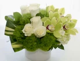  Romeo and Juliet - in a white vase combinations of white hydrangeas, green moms, pink cymbidium  and white roses