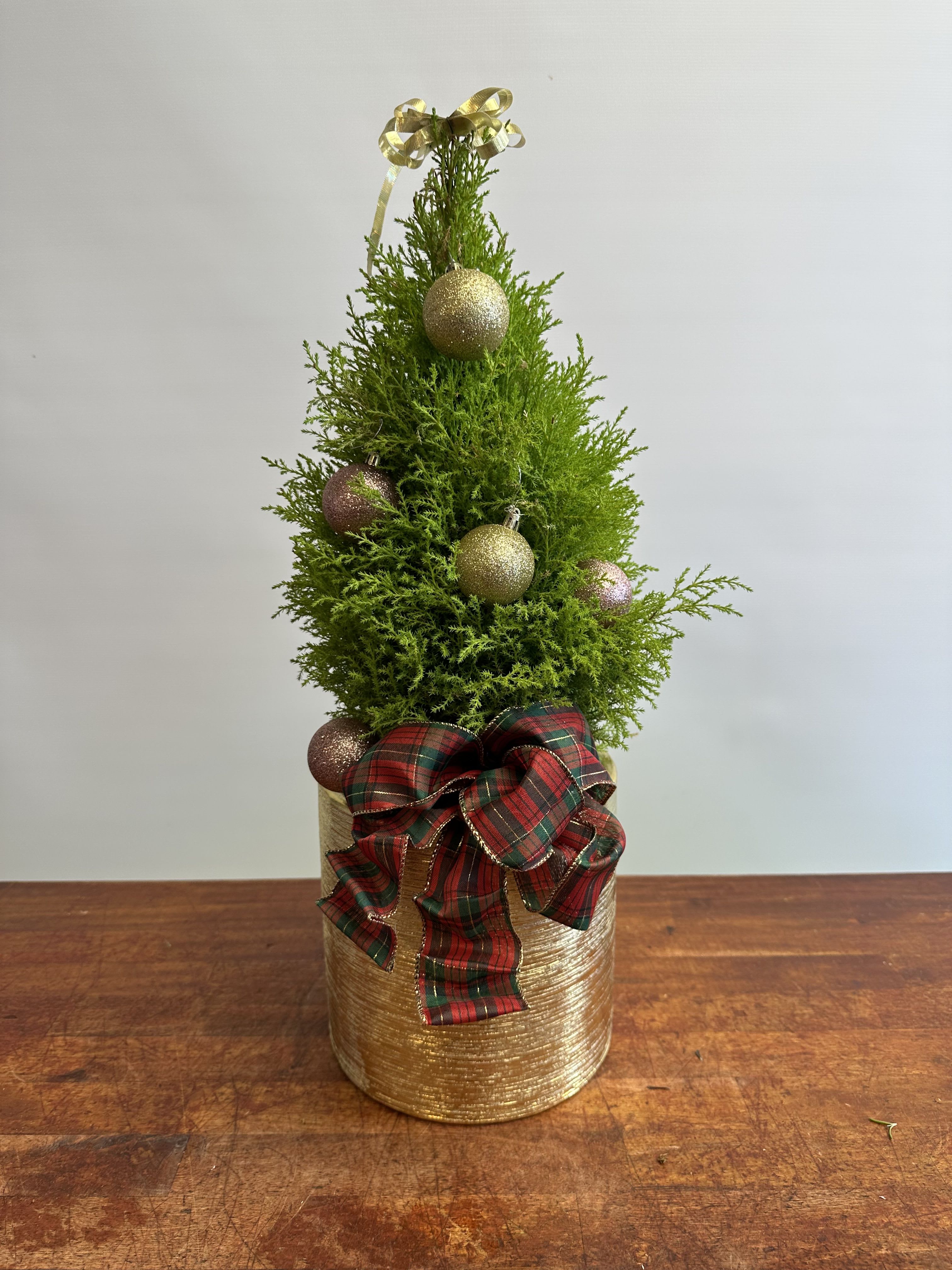 Decorated Cypress Christmas Tree with Ornaments - A festive cypress Christmas tree decorated with elegant gold and blush ornaments, finished with a classic holiday bow and presented in a gold planter. This ornamented Christmas tree arrangement is perfect for holiday décor, seasonal gifting, and adding a warm, luxurious Christmas touch to any space.