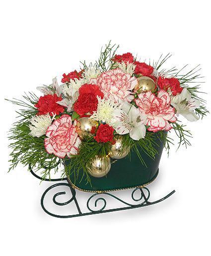 HOLIDAY SLEIGH - Small Sleigh Basket With Liner, Foliage: Seasonal Evergreens, Red Mini Carnations, White &amp; Red Peppermint Carnations, White Alstroemeria, White Snowflake Poms, Gold Millimeter Balls Make This Traditional Christmas Arrangement