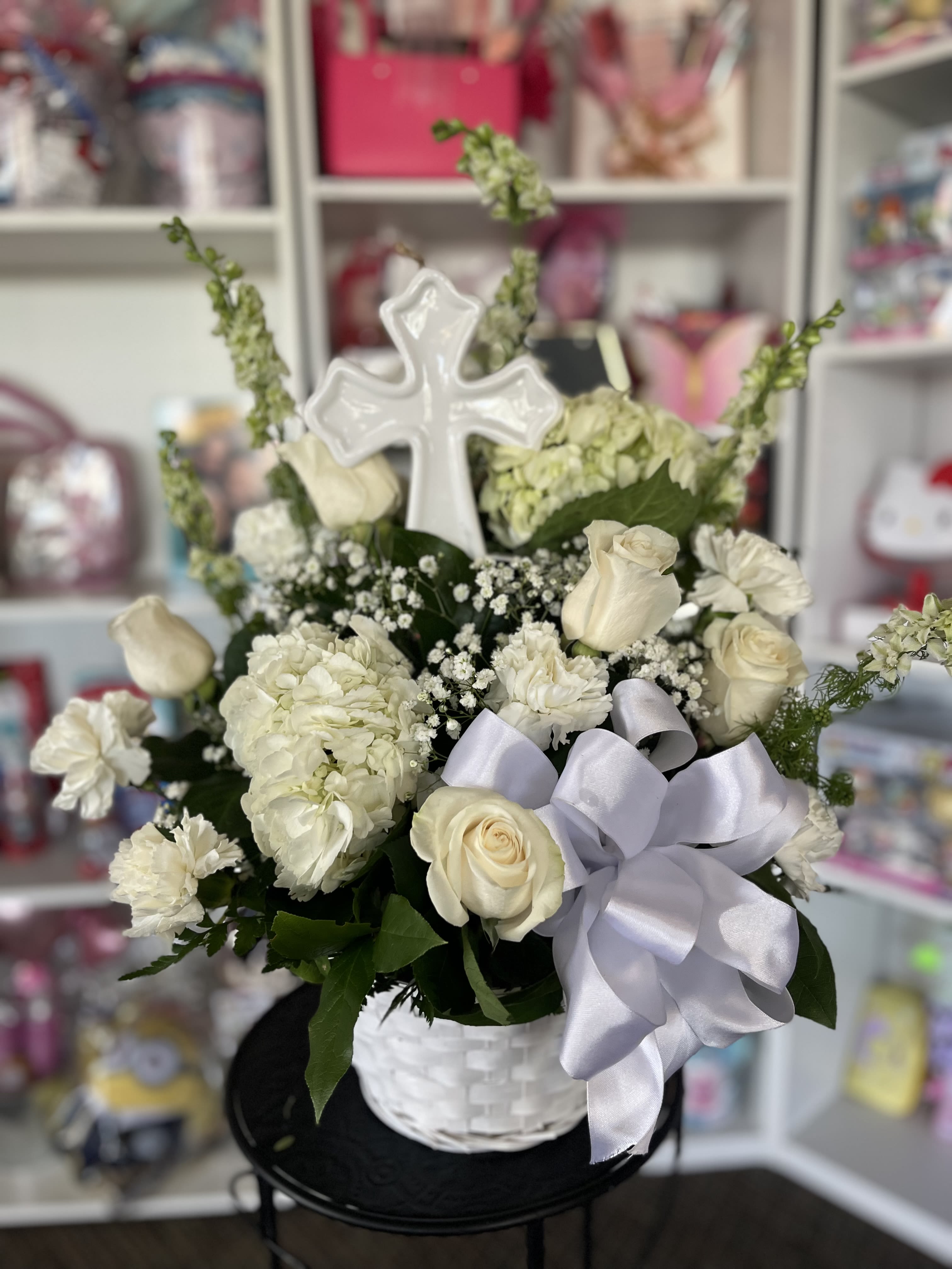 White Floral Cross Sympathy  - fresh white flowers in basket with large cross 