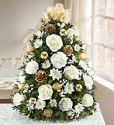 CHRISTMAS TREE WHITE AND GOLD - XMAS GREENS WITH BOXWOOD WHITE FLOWERS GOLD ACCENTS