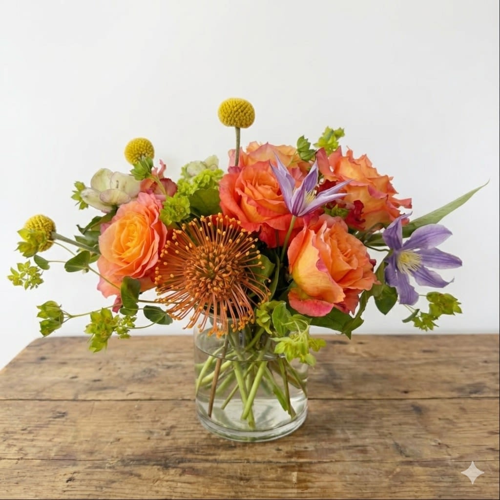 Trabar - Bold, fiery, and full of flair — Trabar is a dynamic mix of color and form that makes a statement in any space. This contemporary arrangement features ruffled bi-color orange roses, whimsical billy balls (Craspedia), striking purple clematis, and sculptural pincushion protea, all artfully arranged in a simple 5" clear cylinder vase.  A perfect piece for the creative soul, this design adds instant energy and personality to desks, dining tables, or gifting moments.  Details: 	•	Featuring roses, clematis, protea, billy balls, hellebores, and seasonal greenery 	•	Approx. size: 9-10” H x 7-8” W 	•	Designed in a bold black-and-white ceramic vase 	•	Includes a free personalized message card  Care Instructions: Display in a cool, well-lit spot out of direct sun. Change water daily and trim stems slightly every 2–3 days to prolong freshness.
