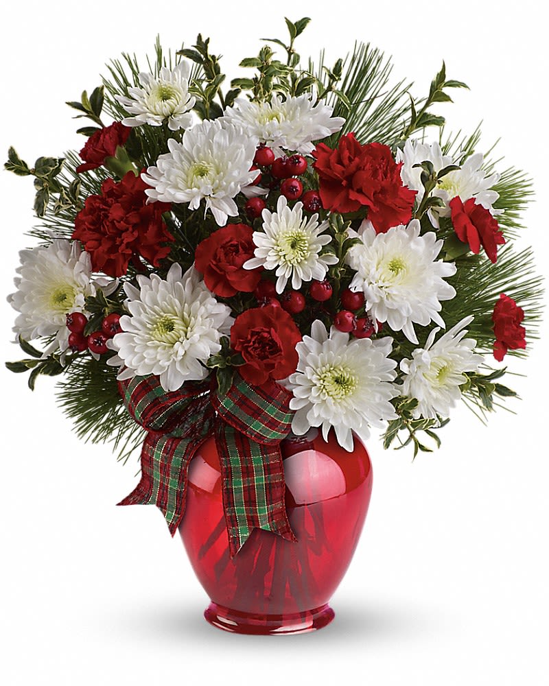 Teleflora's Joyful Gesture Bouquet - Spread the joy of the season with this merry bouquet of red and white blooms, winter greens and red berries in a ginger jar vase. What a fun gift to give and receive! This joyful bouquet includes red carnations, miniature red carnations, white cushion chrysanthemums, oregonia, white pine and red berries, decorated with a charming plaid ribbon. Delivered in a charming red Ginger jar. (z)