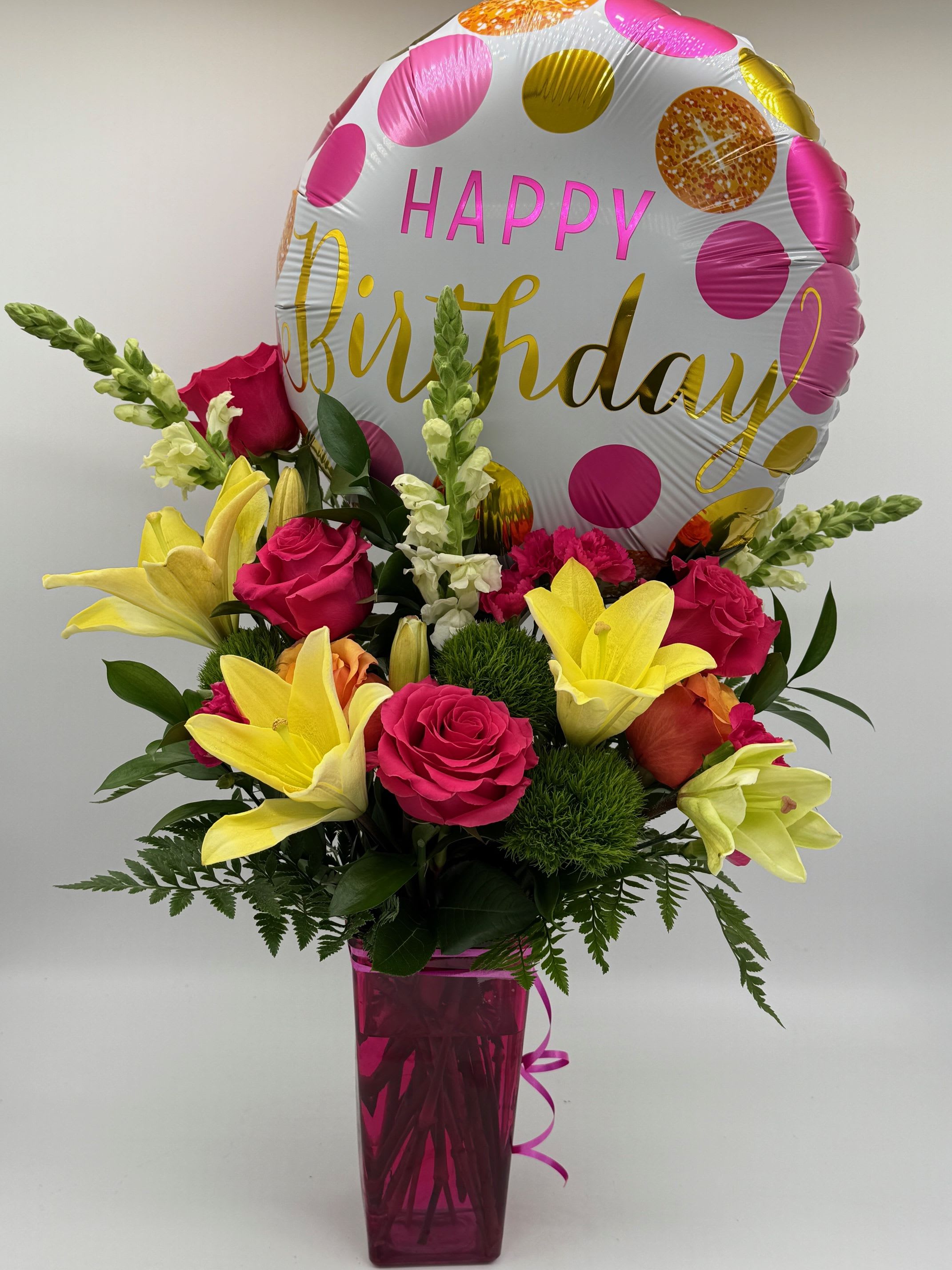 Happy Moments Bouquet - Filled with bold, joyful blooms, the Happy Moments Bouquet is designed to brighten any celebration. Flower varieties/colors and Balloon may vary depending on availability, giving each arrangement its own unique charm. Customize it for any occasion —just include your request in the order notes. 
