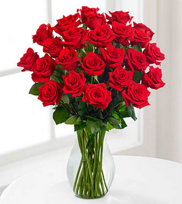 24 Red Roses - 2 dozen red roses in a clear vase