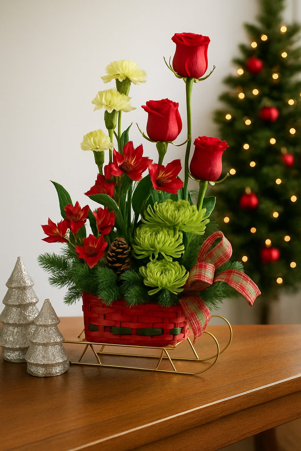 Christmas Wonderland Bouquet  - Perfect Christmas Greeting Arrangement  Send holiday wishes with heart and style! Our Perfect Christmas Greeting Arrangement is a delightful way to share the Spirit of Aloha and spread festive cheer this holiday season.  Perfect Christmas Greeting  A beautiful expression of joy and warmth, this arrangement is the perfect way to send Christmas wishes to friends, family, or colleagues.  Adorable Coffee Table Addition  Designed to add charm and color, this piece makes a lovely accent for coffee tables, desks, or small spaces, instantly brightening up your holiday décor.  Festive Christmas Vessel  Featuring seasonal blooms artfully arranged in a vibrant Christmas-themed container, it brings a touch of elegance and fun to any holiday setting.  Note: Christmas accessories on table not included.  Highlights   Popular seasonal flowers in a festive design   Arranged in a colorful Christmas container   Compact size perfect for home or office décor   Great for gifting or adding seasonal flair   Available for Honolulu delivery and Oahu pickup  Share the magic of the season with this charming and festive arrangement, a joyful way to celebrate Christmas with beauty, warmth, and aloha. 