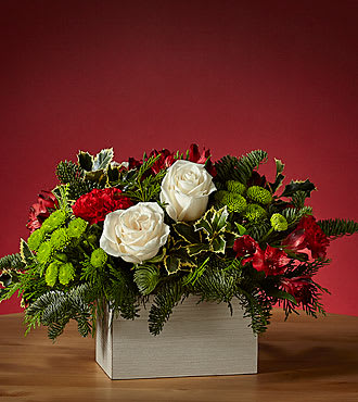 SNOWBALL BOUQUET - WHITE WOODEN BOX WITH EVERGREENS, WHITE ROSES, GREEN MUMS, RED CARNATIONS AND RED ALSTROMERIA