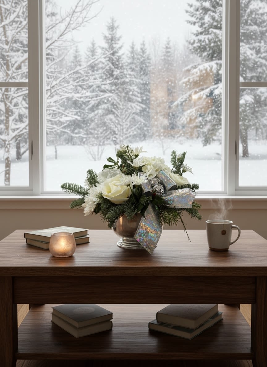 Silver Bells  - Metallic silver container (plastic) filled with assorted evergreens and white flowers ribbon and of course silver bells 