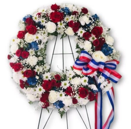 Red, White &amp; Blue Standing Wreath - Flowers are subject to substitution and availability.