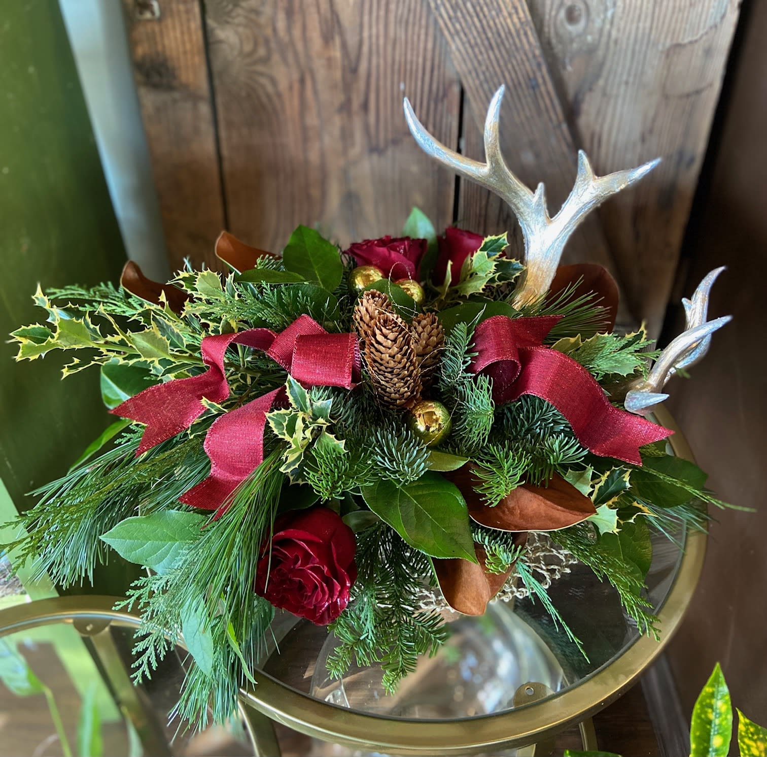 Christmas at the Cabin - Evergreens, roses, gold and burgundy touches with premium gold imitation antlers.