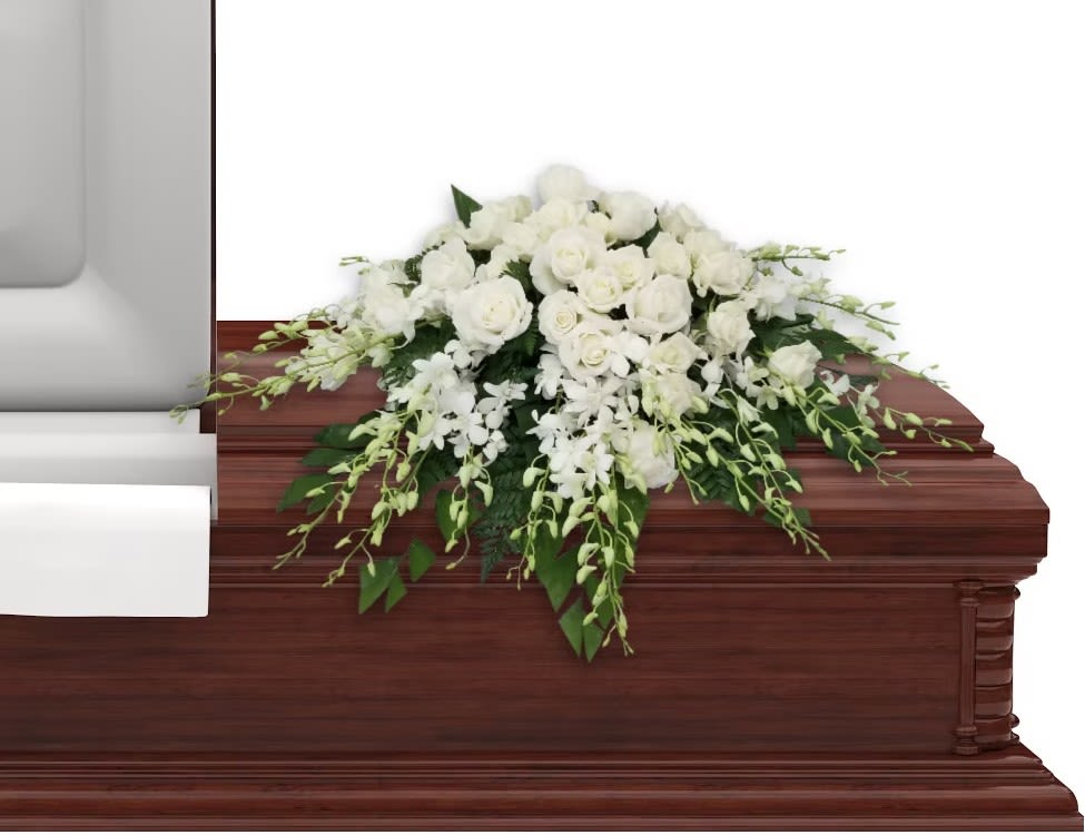 Orchid &amp; Rose Casket Spray - Flowers are subject to substitution and availability.