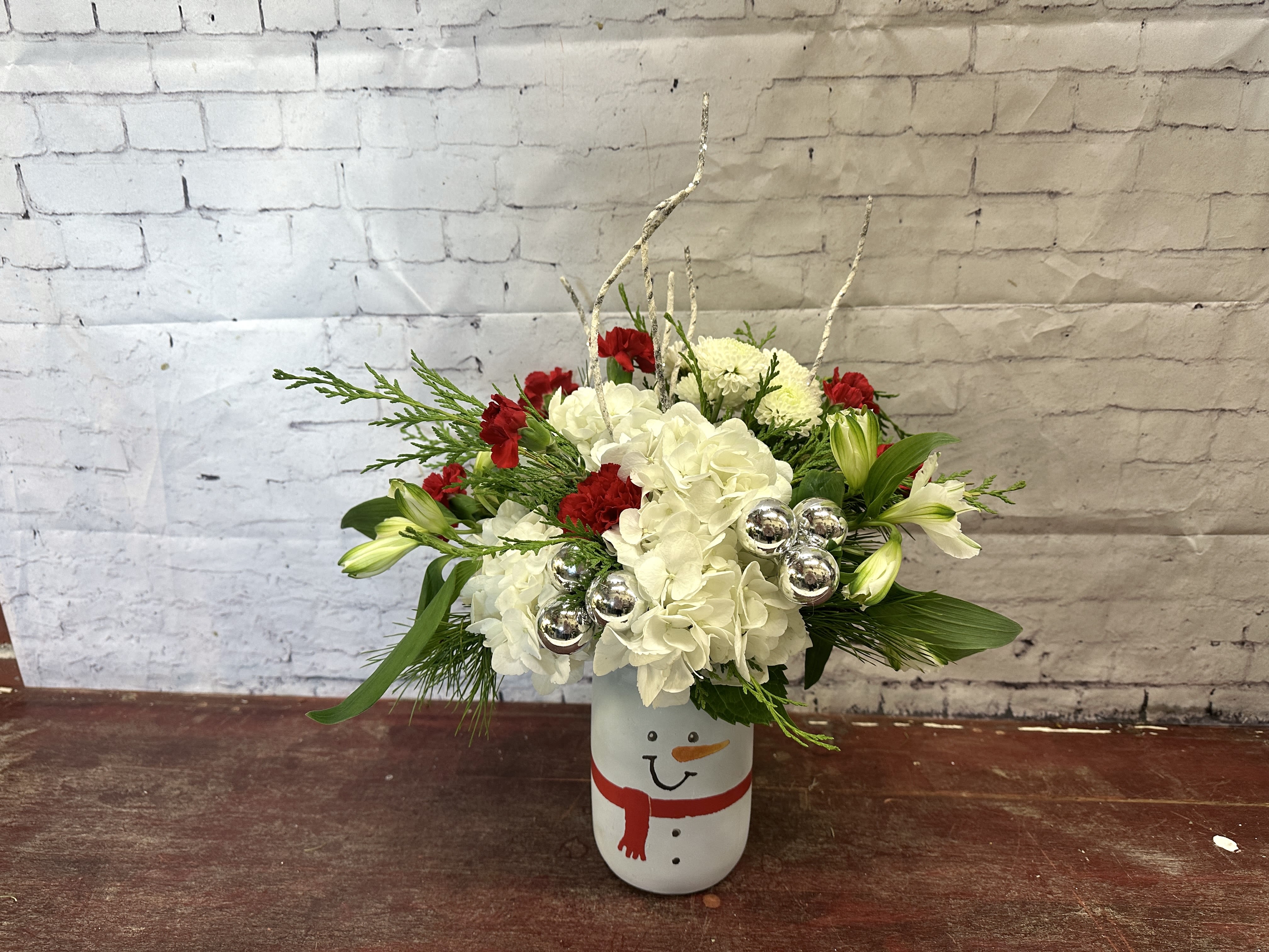 Frosty - Snowman mason jar with Christmas fun Christmas flowers 