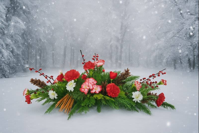 KC1125 Woodland Surprise  - KC1125 Woodland Surprise   Transform your table into a festive woodland retreat with the enchanting Woodland Cheer centerpiece. Designed in a rustic long barnwood box, this stunning arrangement is perfect for a large table and is crafted to impress from every angle.  Lush, fresh evergreens provide a fragrant base, accented by long pinecones, bright winter berries, and playful cardinals perched among the greenery. A cluster of cinnamon sticks adds a warm and inviting hint of holiday spice. Assorted festive flowers complete the look, bringing the charm of the forest into your home.  Woodland Cheer is more than just a centerpiece—it's a joyful celebration of the season's natural beauty. Whether you're hosting a holiday gathering or gifting it to someone special, this arrangement radiates the warmth and magic of Christmas. Make it the centerpiece of your celebrations today!