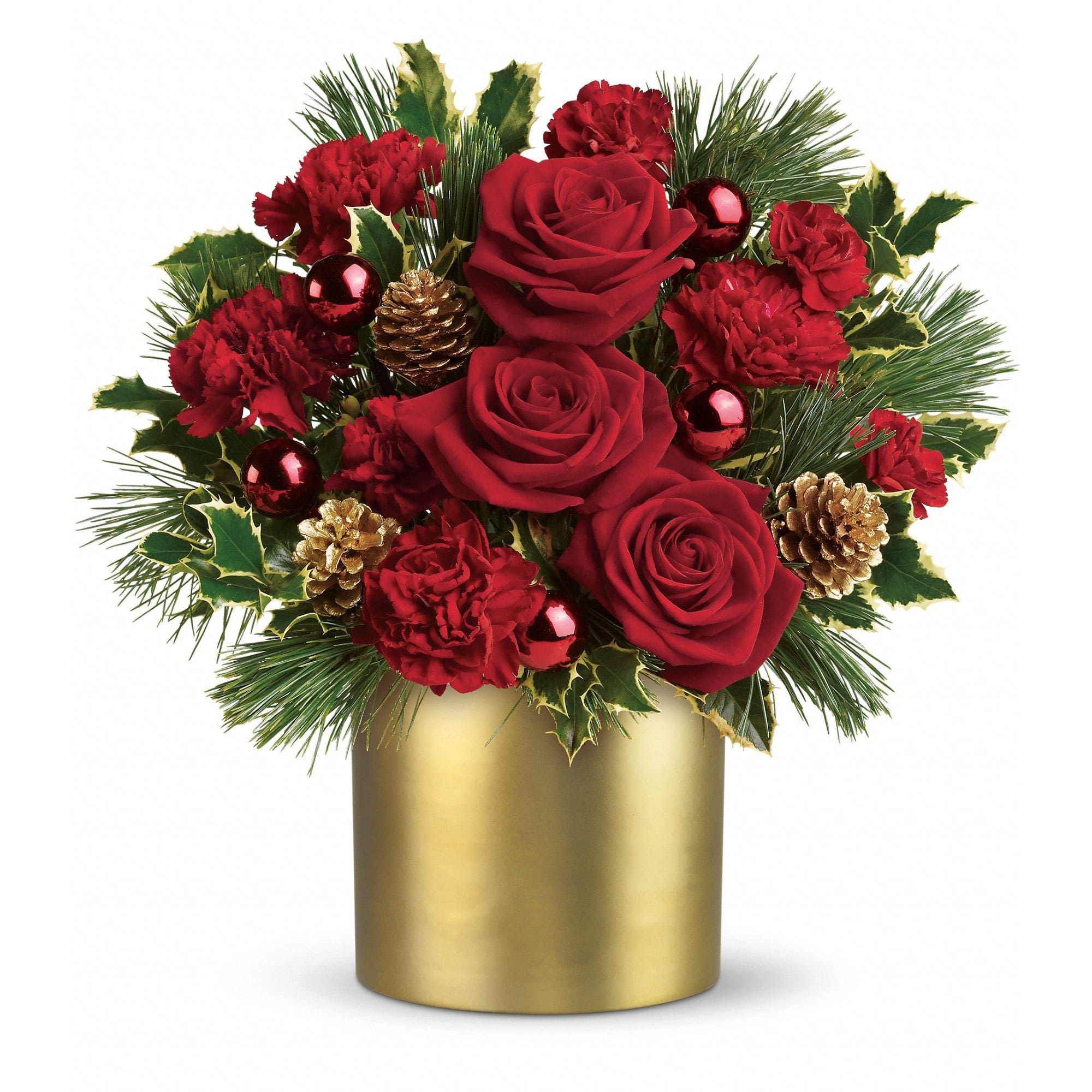 Holiday Elegance - Add a little Couture to Christmas this year! Your family and friends will think you're golden when you send them this stylish holiday arrangement.  Stunning red roses and carnations, holly, pinecones and shiny red ornament balls are perfectly arranged in a satiny gold cylinder vase . It's a 24-karat gift!  Approximately 13 1/2" W x 14 1/2" H  Orientation: One-Sided  As Shown : T115-1A Deluxe : T115-1B Premium : T115-1C