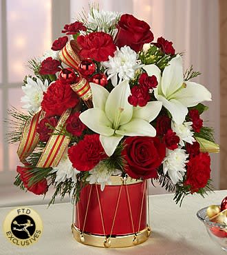 FTD Happiest Holidays - A gorgeous arrangement of red and white, designed in a keepsake Drum container!