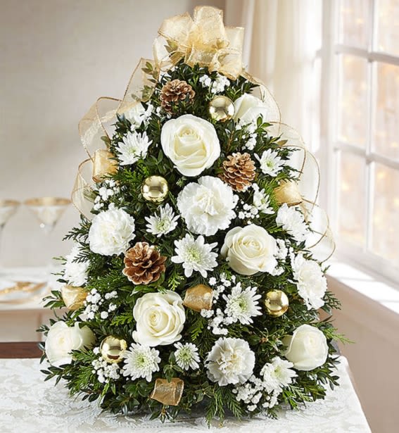 Glistening Gold™ Holiday Flower Tree® - We’ve put a luxurious new spin on our customer favorite Holiday Flower Tree. Hand-designed in ivory &amp; gold, this stunning tabletop display is trimmed with glistening gold ribbon. It’s a truly unique gift that brings joy to their world and beauty to their holiday celebrations.