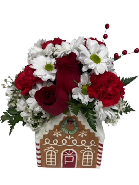 Gingerbread House - Share warmth and love with the Gingerbread Bakery Bouquet, a delectable blend of white and red stems, sure to have you dreaming of cinnamon, nutmeg and cloves.