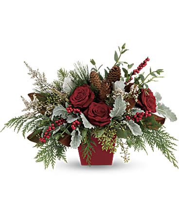 Winter Blooms Centerpiece - Deck the halls, and table, with this artisanal mix of winter greens, berries and roses, artfully arranged in a tapered red cube.  This stunning arrangement features red roses, white calcynia, dusty miller, flat cedar, white pine, noble fir, magnolia leaves, seeded eucalyptus, parvifolia eucalyptus, red berries and pinecones.  Delivered in a red tapered cube. Orientation: All-Around  SUBSTITUTION POLICY – Always deliver the freshest flowers! Please note the bouquet pictured reflects our original design.  If the exact flowers or container in this arrangement are not available, our designer will create a beautiful bouquet with the freshest available flowers.