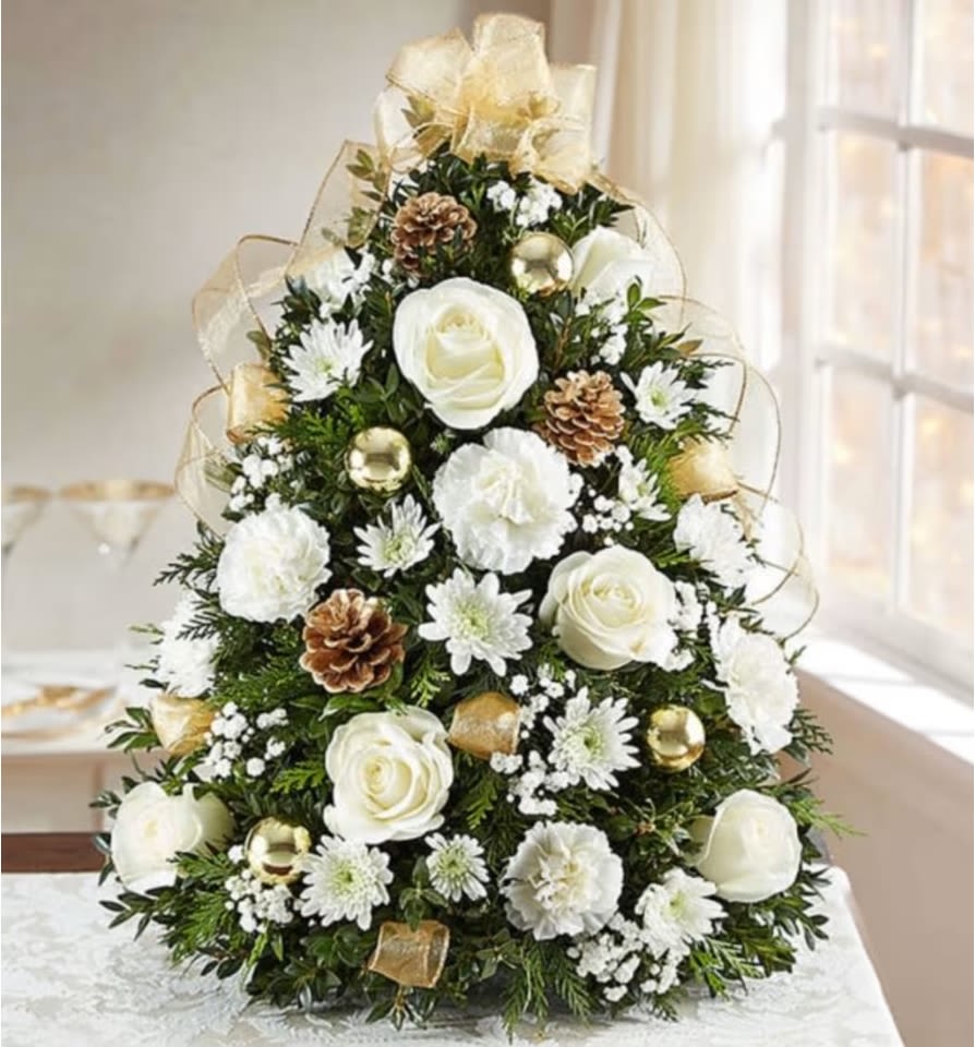 Glistening Gold™ Holiday Flower Tree® - We’ve put a luxurious new spin on our customer favorite Holiday Flower Tree. Hand-designed in ivory &amp; gold, this stunning tabletop display is trimmed with glistening gold ribbon. It’s a truly unique gift that brings joy to their world and beauty to their holiday celebrations.