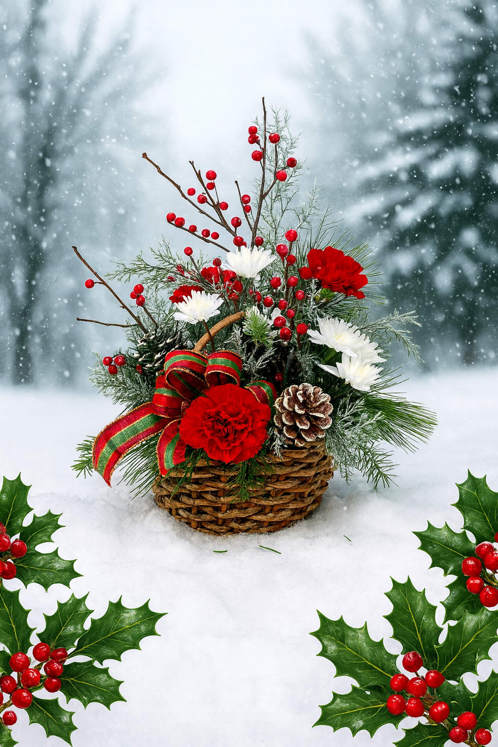 KC125 Northwoods Noel Basket - KC125 Northwoods Noel Basket Bring the magic of a snowy holiday forest to your home with our Northwoods Noel Basket. This charming handled basket is filled with lush Pacific Northwest evergreens, bright red winterberry, classic red carnations, and crisp white pompons. Authentic frosted Wisconsin pinecones add woodland charm, while a Scotch plaid bow edged in gold finishes the festive look. Perfect for gifting, welcoming guests, or adding cozy Christmas cheer to any room. 