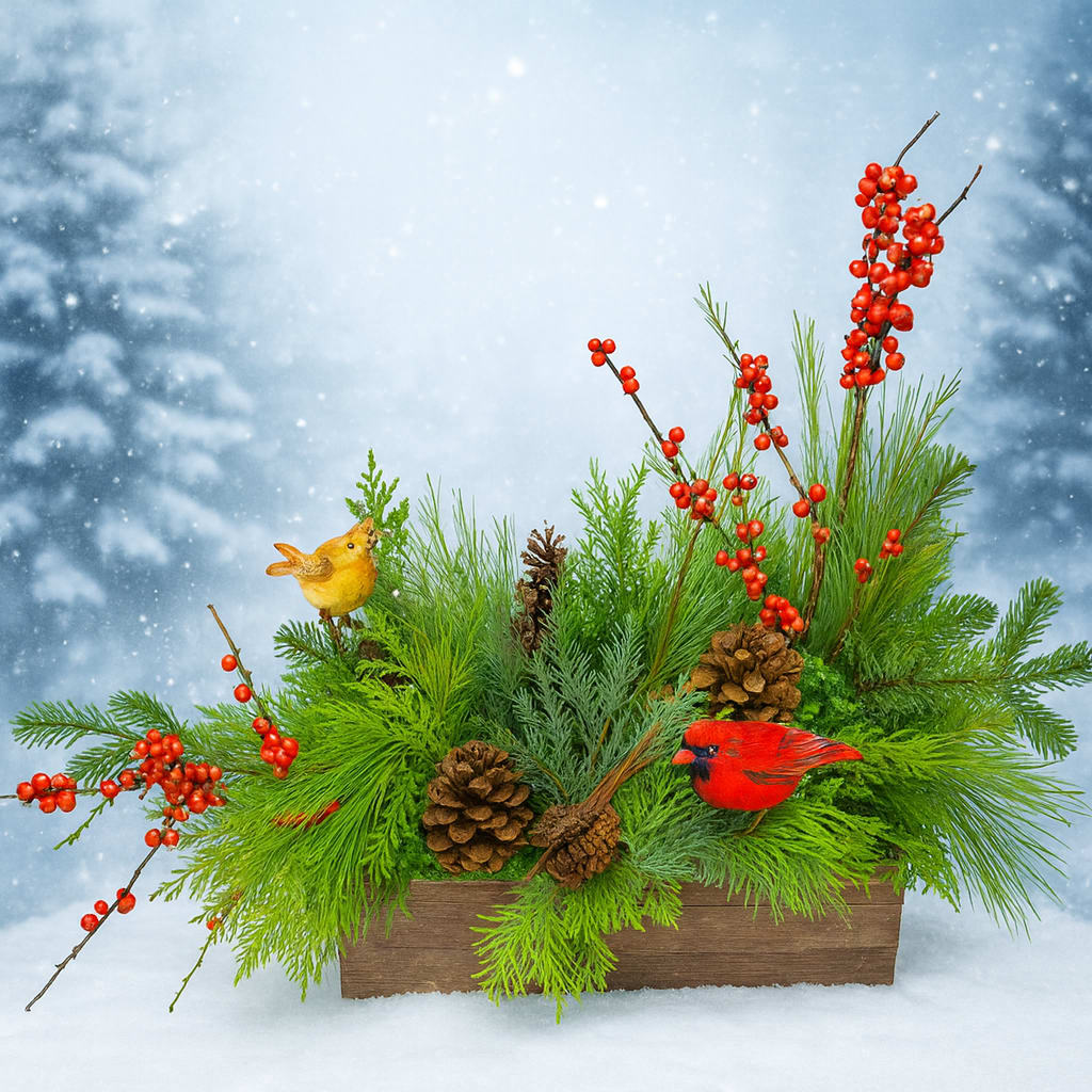 KC2402 Woodland Chee - KC2402 Woodland Cheer This charming one-sided Christmas hostess gift is beautifully arranged in a rustic rectangular wooden box. It features a festive mix of winter evergreens, bright winterberry, natural pinecones, a bundle of aromatic cinnamon sticks, and an adorable, bright red Cardinal duo perched among the greenery. Priced at $60.00, it’s a thoughtful seasonal gesture. Upgrade to the deluxe version for added elegance with vibrant red and peppermint large and spray carnations, complemented by small white chrysanthemums for a richer, more festive display for $80.00. The Premium version is the centerpiece version of this arrangement, featuring flowers visible on all sides at $115.0