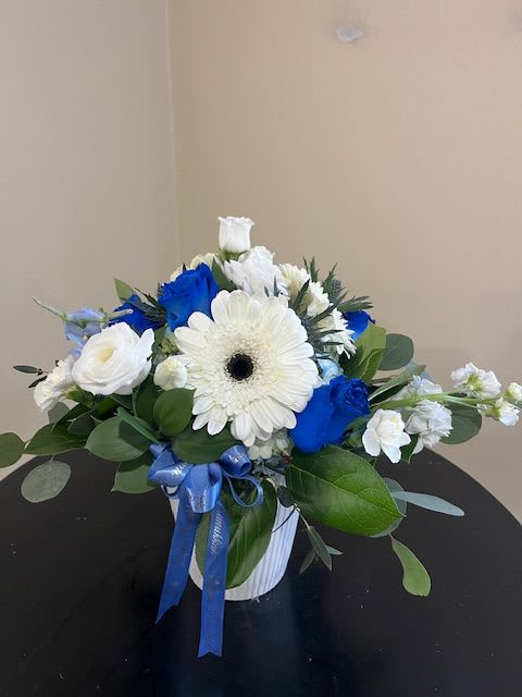 Hanukkah Flowers  - Beautiful vase of blue and white flowers 