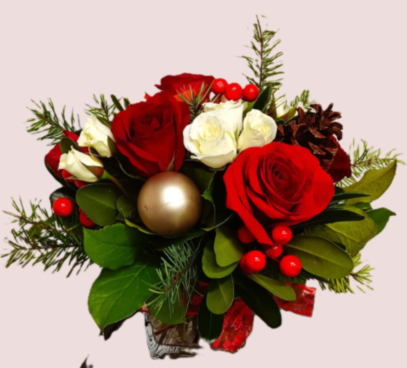 Warm Christmas Floral - Red and white roses and spray roses, Christmas greens, pine branches, Christmas ornaments, this festive gift is very popular and great gift for family or friends. 