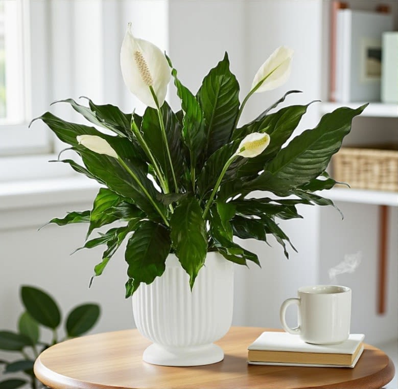 6" Spathiphyllum (Peace Lily) - A timeless symbol of peace and healing, the Tranquility Lily features a lush 6" Spathiphyllum (Peace Lily) nestled in a crisp, modern white ceramic planter. With its broad glossy leaves and graceful white blooms, this elegant plant brings a sense of serenity to any space—whether it’s a sympathy gesture, housewarming gift, or just a touch of calm for your home or office.  Low-maintenance and air-purifying, the Tranquility Lily thrives in medium to low light and requires minimal care, making it perfect for both seasoned plant lovers and first-time plant parents.