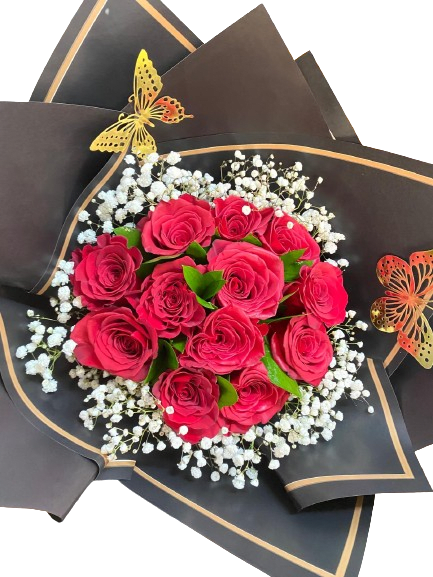 PREMIUM Wrapped Red roses - Bring a smile to your loved ones with these amazing flowers!!! standard: one dozen deluxe: two dozen premium: three dozen Includes: Roses, Greenery, Ribbon, Paper and a complimentary golden card, please send card message with your order! *Not long stem