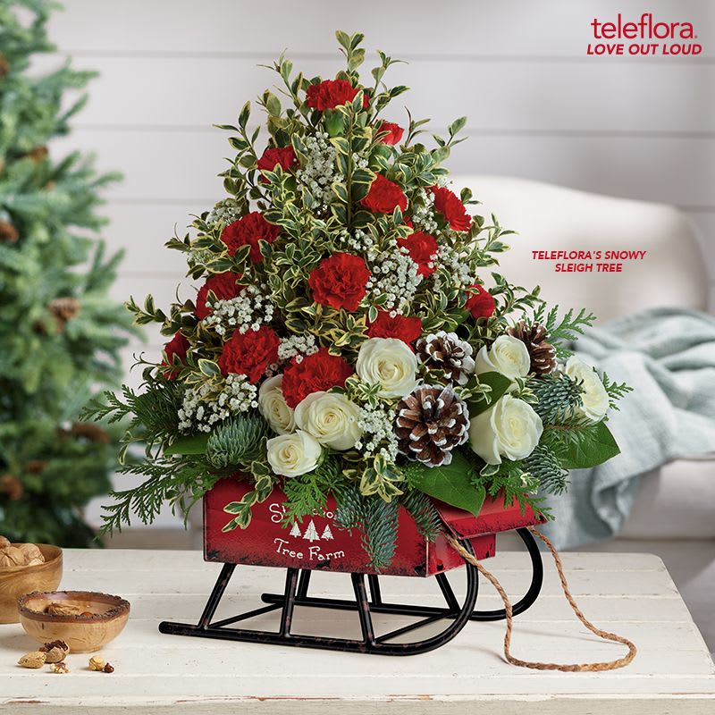 Holiday Tree - This Holiday give the Gift of a Mini Christmas Tree with warm red Carnations lush Red roses, white cushion poms and more... ***Container may vary