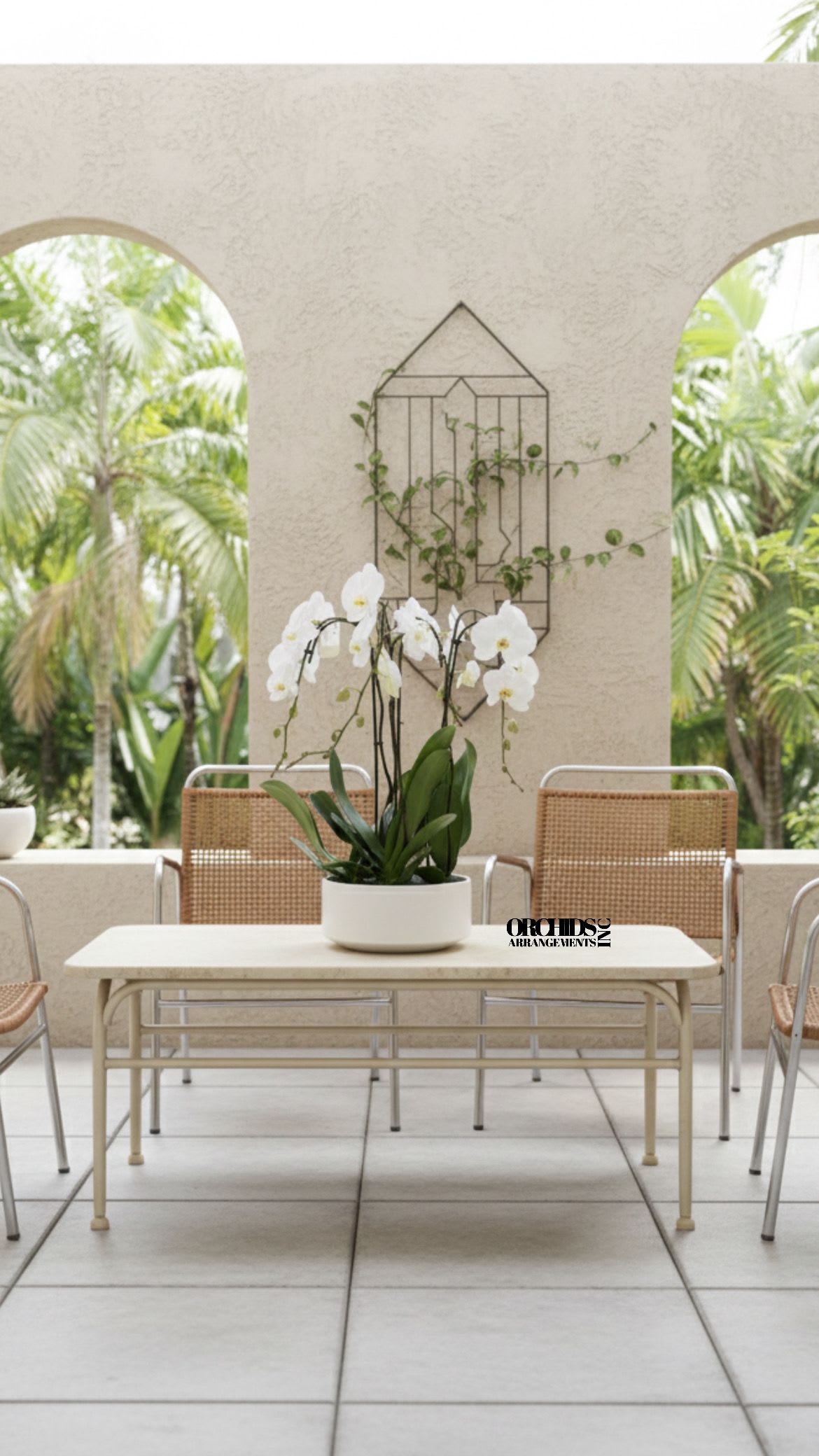 Same Day Flower White Orchids - A high quality Four white orchid arrangement with a vase 13" D X 6" T. An orchid arrangement flower deliver for any occasion design with fresh natural real beautiful Phalaenopsis cascade orchid plant minimalist decor.