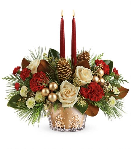 Teleflora's Winter Pines Centerpiece - Your holiday table will shine brightly with this festive centerpiece of roses and winter greens hand-arranged in a gorgeous glass bowl!