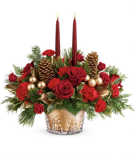 Teleflora's Festive Glow Centerpiece - Dress up your holiday celebrations with this elegant Christmas bouquet, beautifully hand-arranged in a gorgeous glass bowl and finished with two red taper candles.