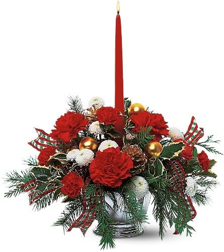Single Red Taper Centerpiece - This decorative centerpiece captures holiday spirit so well, you can almost hear the guests caroling.