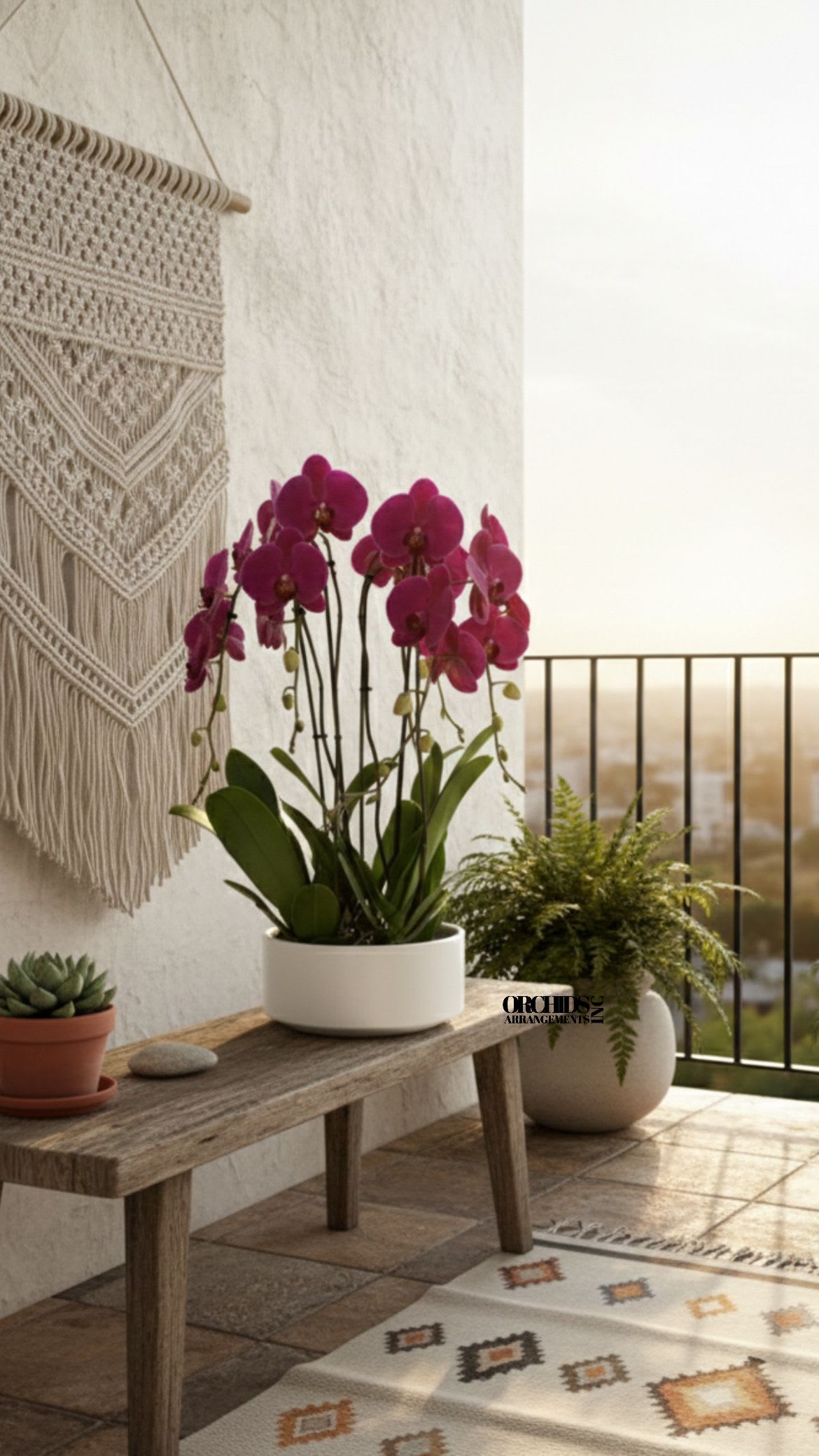 Same Day Flower Purple Orchid - A high quality Five purple orchid arrangement with a vase 13" D X 6" T. An orchid arrangement flower deliver for any occasion design with fresh natural real beautiful Phalaenopsis cascade orchid plant minimalist decor.