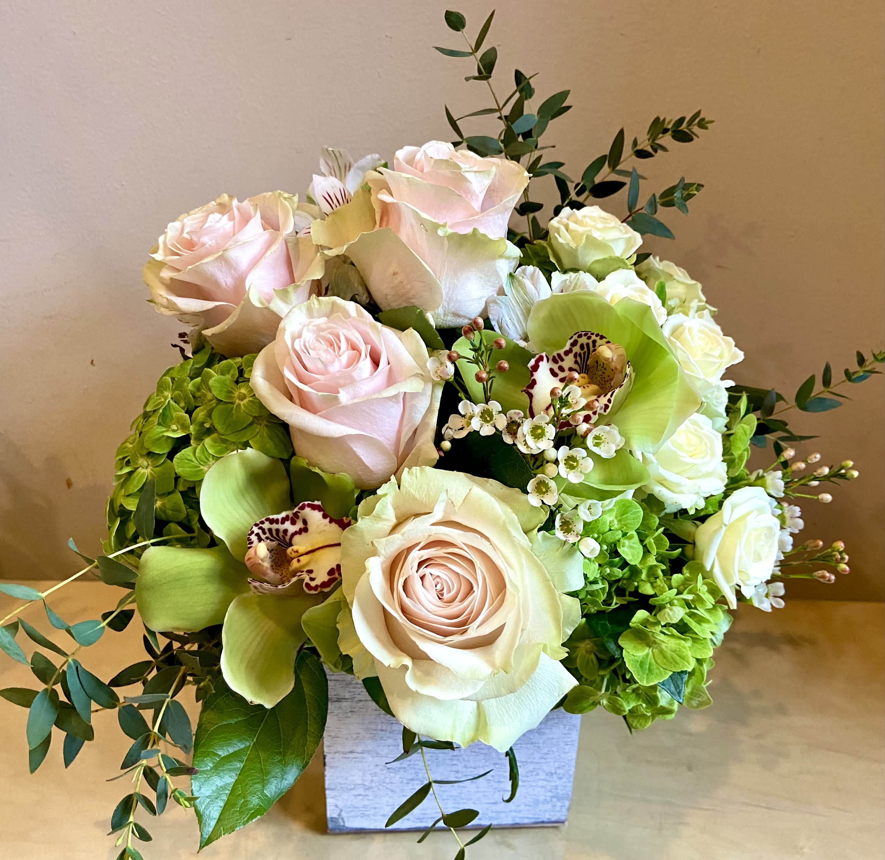 Tender Touch - Soft &amp; sweet blossoms of roses, hydrangea, orchids, alstromeria, etc in a charming wooden box.