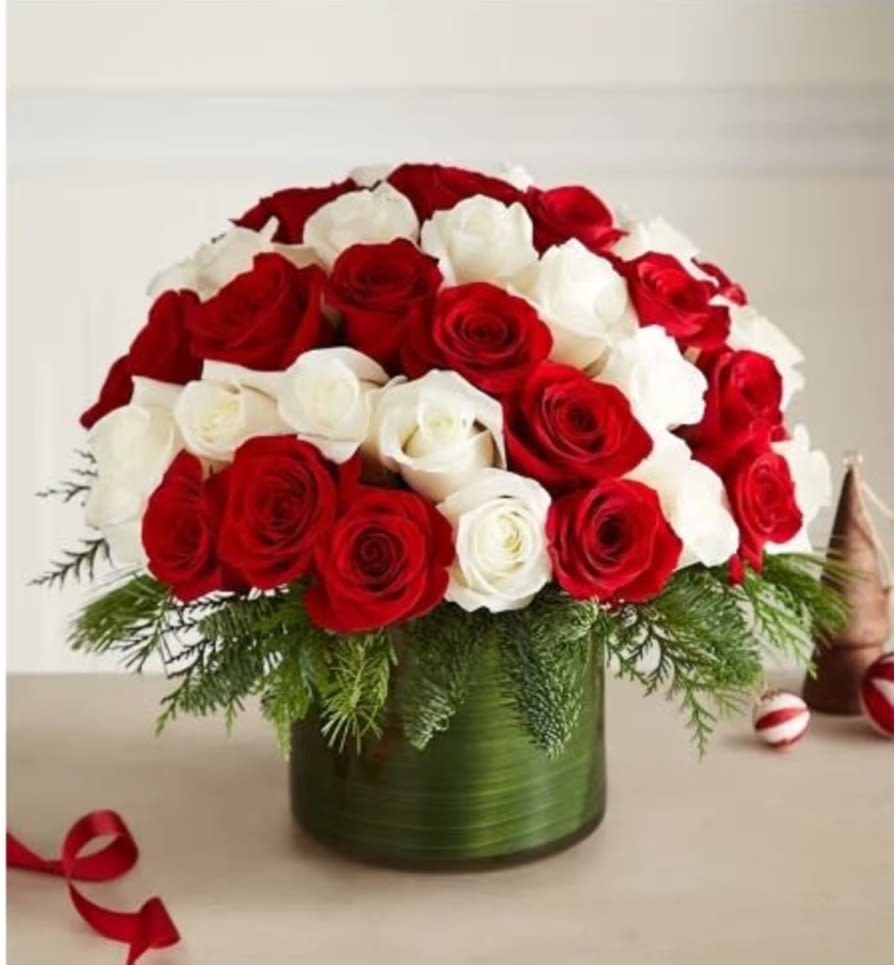 Candy Cane Swirl™ Roses - Classic Christmas with a fun, modern twist! Our red and white roses are gathered together, creating a candy cane swirl, for a fresh floral take on the popular seasonal treat. Joined by lush holiday greens, it’s the best way to get everyone into the holiday spirit.