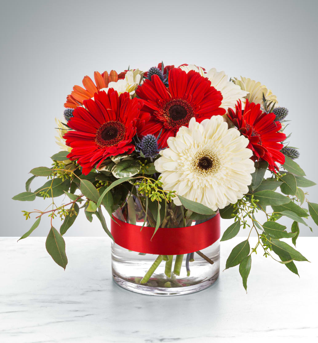 Pop Art  - A work of art that stands out, alternating gerbera daisies and a smart red ribbon make this arrangement POP. A perfect gift for any season and any time.  Approximate Dimensions: 12"D x 8"H
