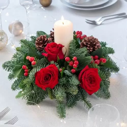 Isabella white pillar candle center piece - Red roses , pine cone and hypericum 