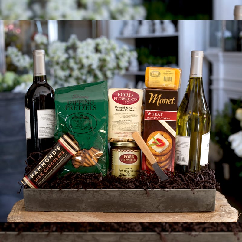 Wine Lovers Basket - LOCAL DELIVERY ONLY!!! Includes two bottles of premium wine, gourmet wines, crackers, pretzels, pretzel dip, gourmet nuts and chocolates.  LOCAL DELIVERY ONLY!!!!! 
